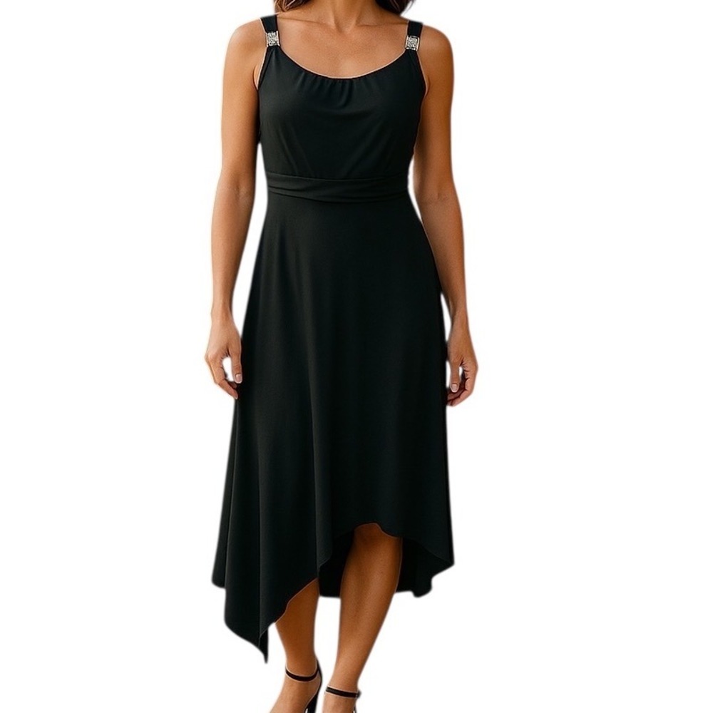 Chico's Women's Black Maxi Dress Rhinestone Asymmetric Hem Size 1‎ US M Cocktail